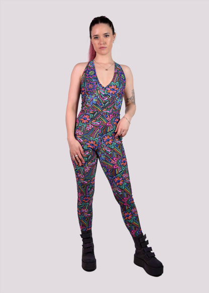 Womens music fesival fashion - Festival-outfit-rave-outfit - handmade-in-Brooklyn-New York City-custom made-waste conscious– retro style – hippie fashion –rave bralette top – festival jumpsuit - sleevless– retro style – supportive x back – adjustable straps - floral print - full view