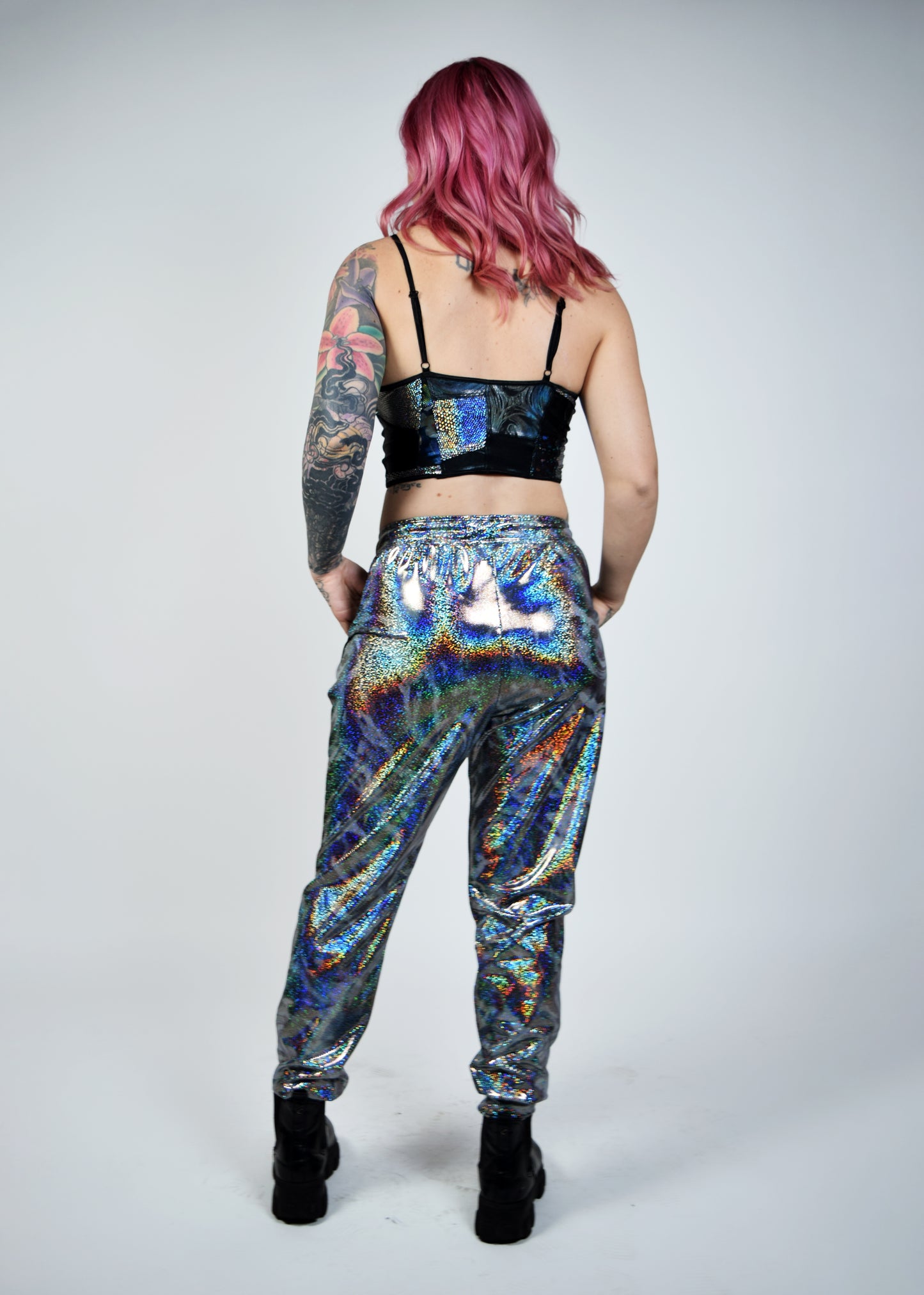 Unisex-music fesival fashion - Festival-outfit-rave-outfit - handmade-in-Brooklyn-New York City-custom made-waste conscious – psychedelic fashion – retro style – hippie fashion –handmade - Roadie Jogger– festival pants – rave pants - silver sparkle - mercury sparkle - back view