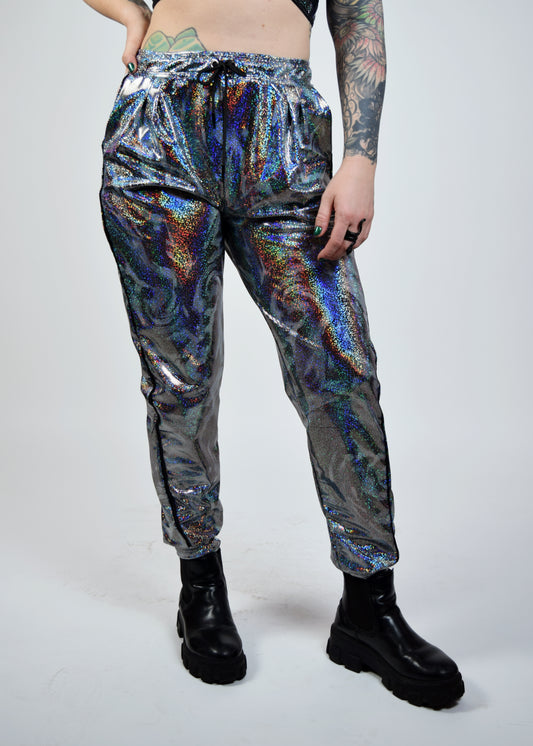 Unisex-music fesival fashion - Festival-outfit-rave-outfit - handmade-in-Brooklyn-New York City-custom made-waste conscious – psychedelic fashion – retro style – hippie fashion –handmade - Roadie Jogger– festival pants – rave pants - silver sparkle - mercury sparkle