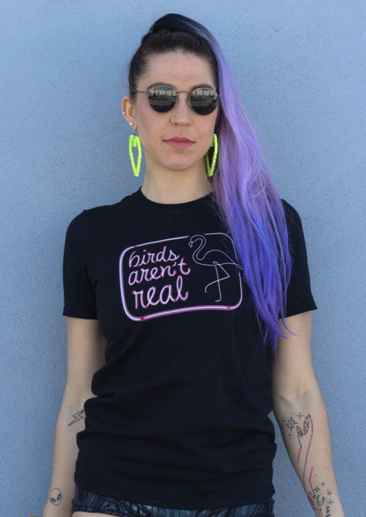  T-shirt-back-pink flamingo-birds aren't real slogan-festival top-rave top-unisex- handmade-in-Brooklyn-New York City-custom made-waste conscious- front view-on model