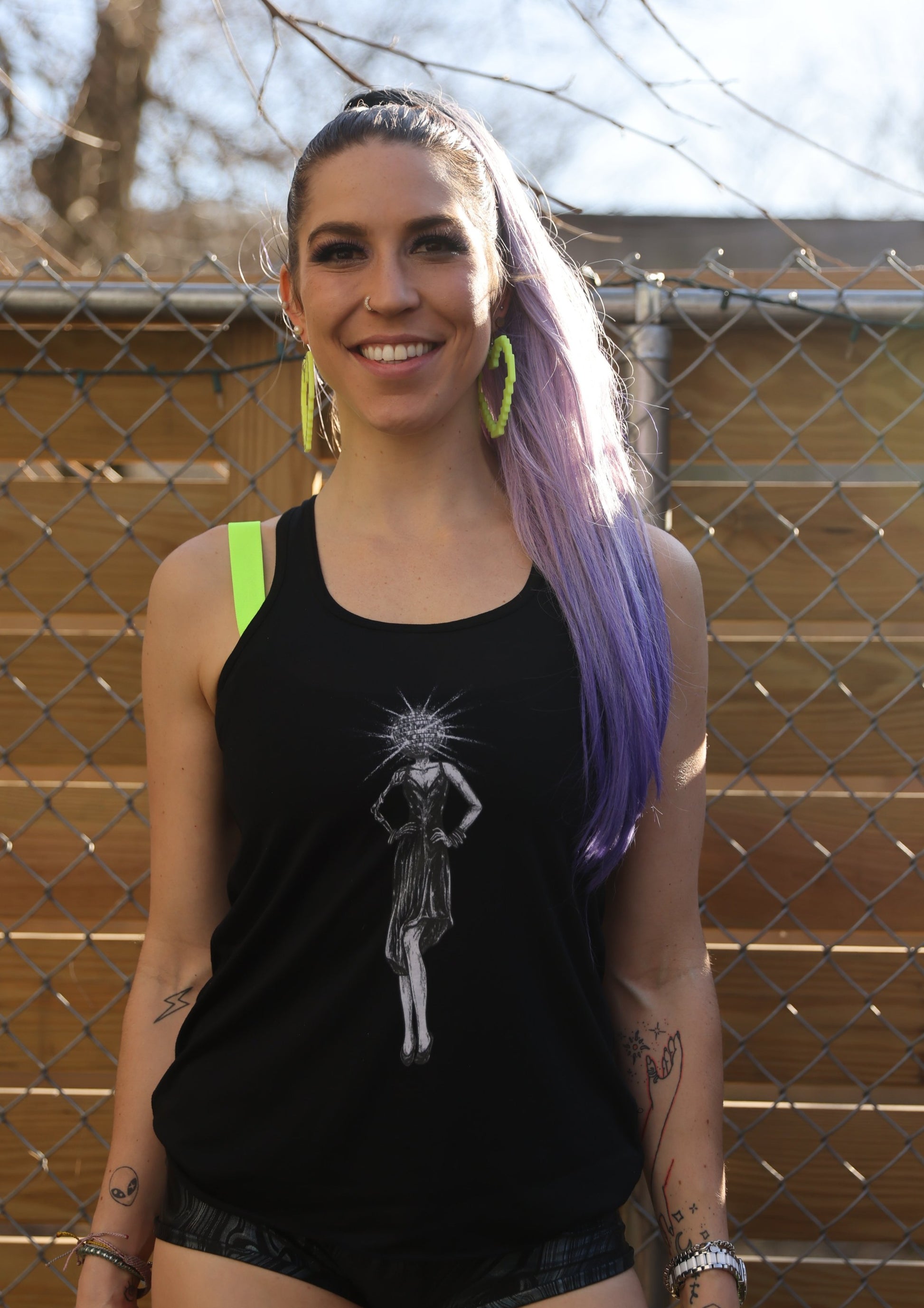  Unisex-Festival-outfit-rave-outfit - handmade-in-Brooklyn-New York City-custom made-waste conscious- festival T-shirt-flowy tank – racer back- disco barbie - black - on model - front view