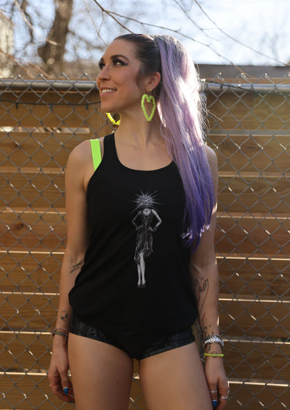  Unisex-Festival-outfit-rave-outfit - handmade-in-Brooklyn-New York City-custom made-waste conscious- festival T-shirt-flowy tank – racer back- disco barbie - on model -side view - black 