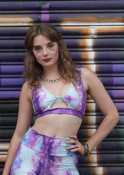 Purple Haze Iridescent -  Womens music fesival fashion - Festival-outfit-rave-outfit - handmade-in-Brooklyn-New York City-custom made-waste conscious– retro style – hippie fashion – Knot Front crop tank – front knot – rave bralette top – festival top -front view