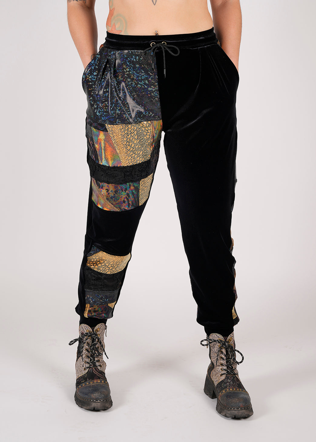 Unisex-music fesival fashion - Festival-outfit-rave-outfit - handmade-in-Brooklyn-New York City-custom made-waste conscious– retro style – hippie fashion –festival pants – rave pants – patchwork- waste conscious – upcycled – sustainable design – one of a kind – handmade – luxe velvet – eco friendly 