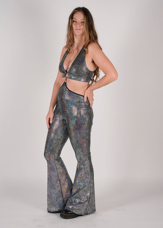 Unisex-music fesival fashion - Festival-outfit-rave-outfit - handmade-in-Brooklyn-New York City-custom made-waste conscious– retro style – hippie fashion –handmade –  Ready-Diva-One Jumpsuit – two-piece with clasp – versatile festival wear – racerback – bellbottoms - mercury sparkle print