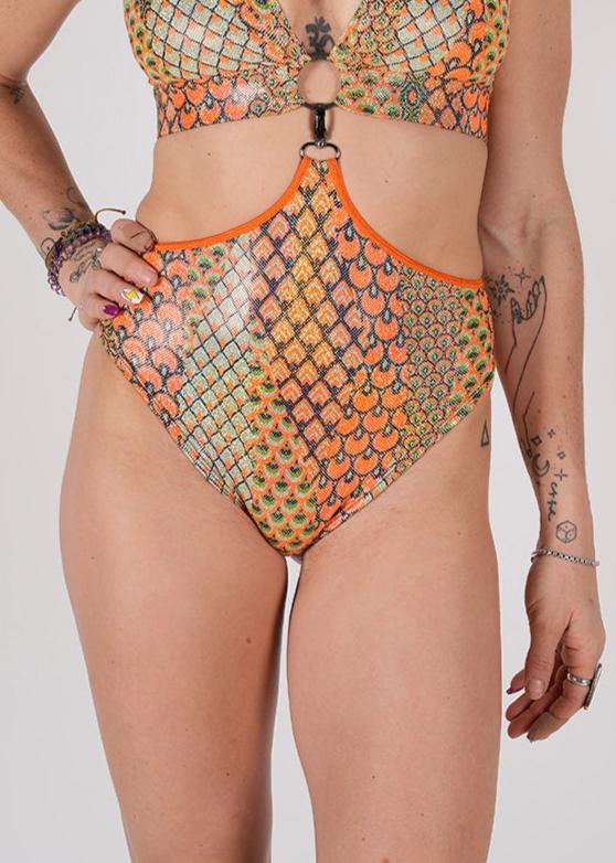 Fire Pheonix Sparkle - Unisex-music fesival fashion - Festival-outfit-rave-outfit - handmade-in-Brooklyn-New York City-custom made-waste conscious– retro style – hippie fashion –handmade – Ready-Diva-One Bodysuit – high cut bikini bottom – two-piece with clasp – versatile festival wear – racerback - cut out playsuit 