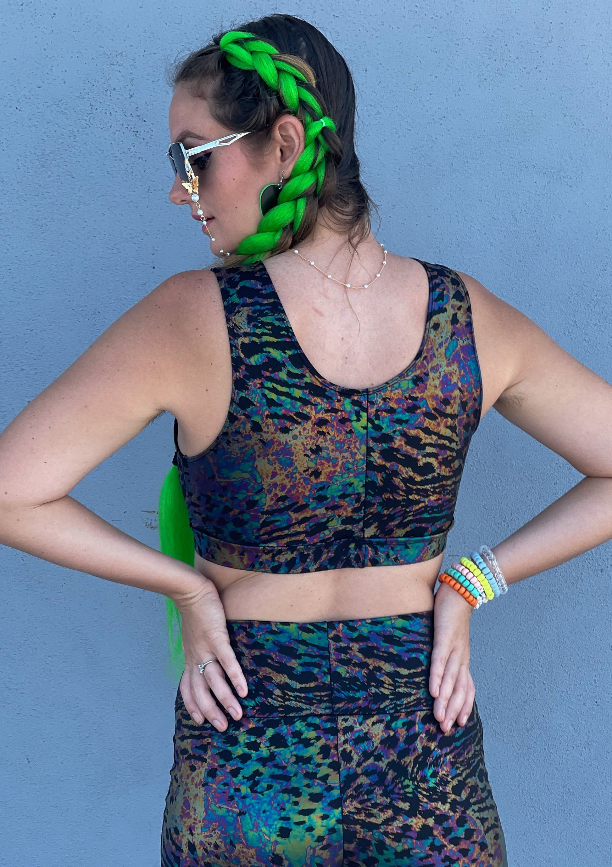 Radioactive print -  Womens music fesival fashion - Festival-outfit-rave-outfit - handmade-in-Brooklyn-New York City-custom made-waste conscious– retro style – hippie fashion – Knot Front crop tank – front knot – rave bralette top – festival top - back view