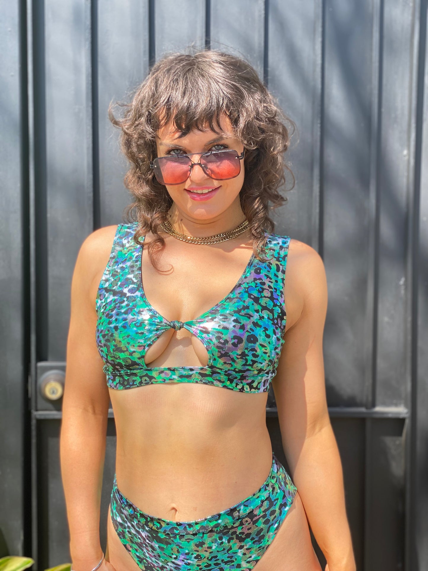 Emerald Leopard Foil -  Womens music fesival fashion - Festival-outfit-rave-outfit - handmade-in-Brooklyn-New York City-custom made-waste conscious– retro style – hippie fashion – Knot Front crop tank – front knot – rave bralette top – festival top 