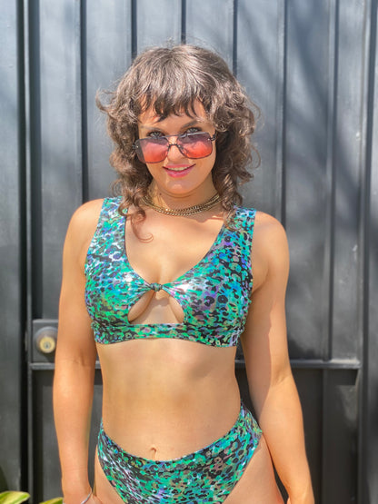 Emerald Leopard Foil -  Womens music fesival fashion - Festival-outfit-rave-outfit - handmade-in-Brooklyn-New York City-custom made-waste conscious– retro style – hippie fashion – Knot Front crop tank – front knot – rave bralette top – festival top 