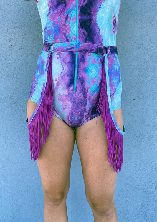 purple haze iridescent - Womens music fesival fashion - Festival-outfit-rave-outfit - handmade-in-Brooklyn-New York City-custom made-waste conscious– retro style – hippie fashion – removable accessory – fringe accessory – festival belts -  up close view on model