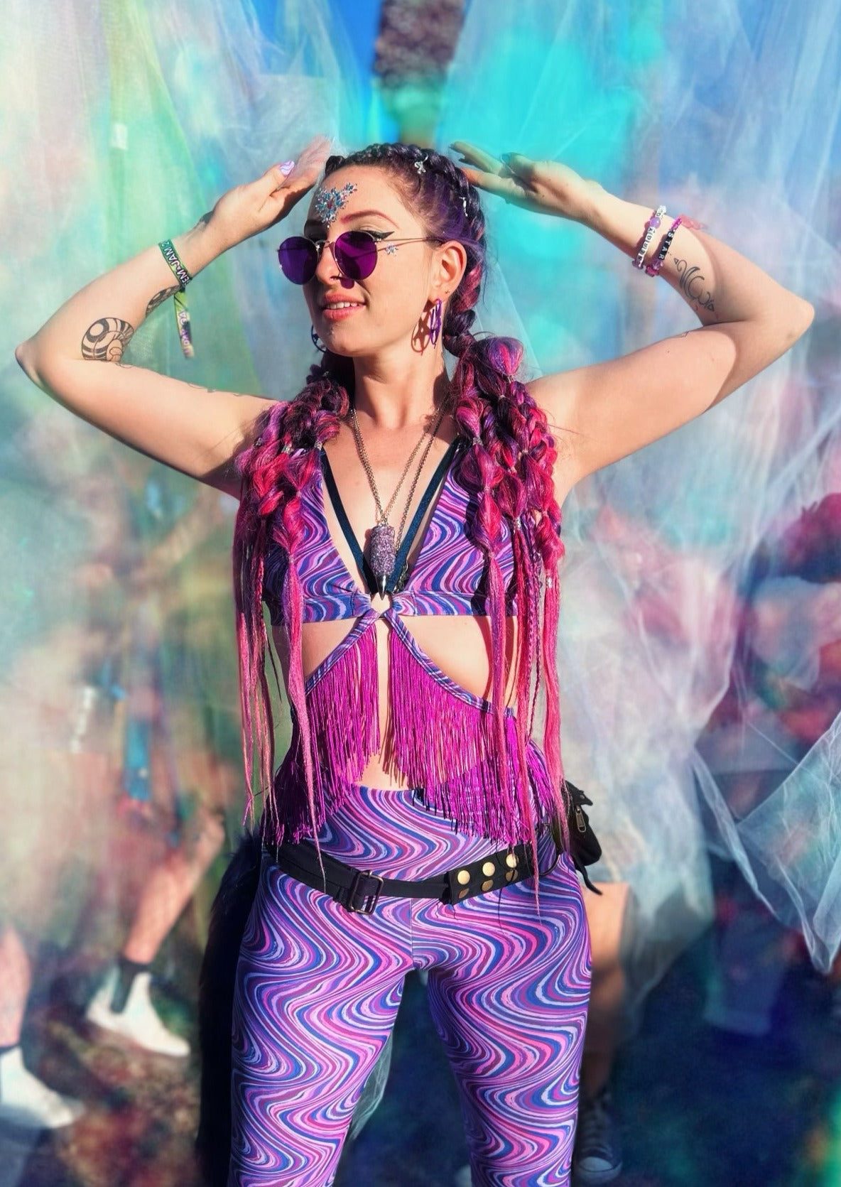 Purple Psychedelic Swirl - Womens music fesival fashion - Festival-outfit-rave-outfit - handmade-in-Brooklyn-New York City-custom made-waste conscious– retro style – hippie fashion –rave bralette top – festival top - Lone Starlette Top – removable fringe accessory 