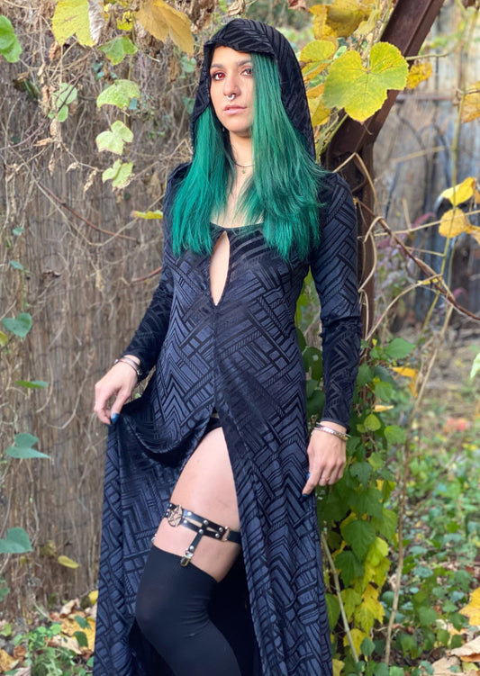  Unisex-Festival-outfit-rave-outfit - handmade-in-Brooklyn-New York City-custom made-waste conscious- festival T-shirt-rave shirt – Eclipse burnout velvet gown – maxi length – full hood – high front skirt slit - witchy vibes – inner witch - full view - on model - left leg view