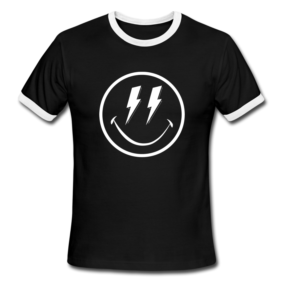 Electric Eyes Surprise Unisex Ringer T-Shirt - black/white - Unisex-Festival-outfit-rave-outfit - handmade-in-Brooklyn-New York City-custom made-waste conscious- festival T-shirt-rave shirt – ringer t shirt – retro t shirt – lightning bolt smiley face - front side logo