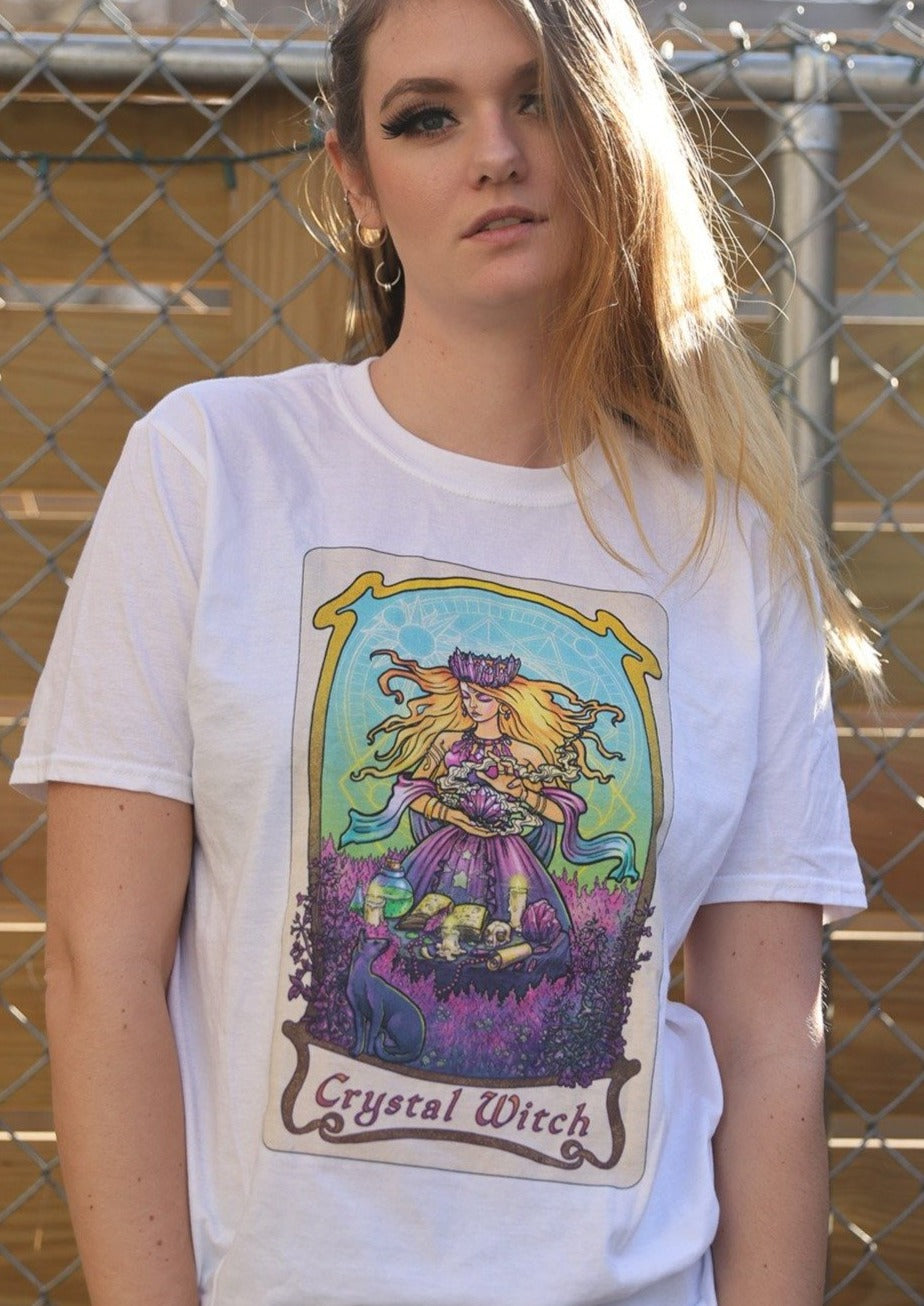  Unisex-Festival-outfit-rave-outfit - handmade-in-Brooklyn-New York City-custom made-waste conscious- festival T-shirt, tarot T-shirt, witchy T-shirt, Crystal Goddess T-shirt – horoscope – manifestation - front view - on model