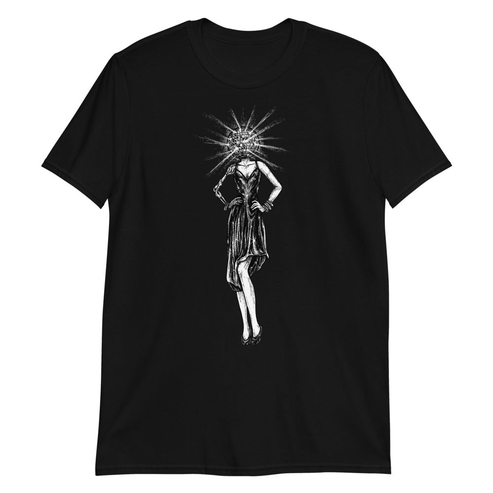  Unisex-Festival-outfit-rave-outfit - handmade-in-Brooklyn-New York City-custom made-waste conscious- festival T-shirt-rave shirt - flowy shirt – racer back- disco barbie – nonbinary – men- women - product only view - black or navy 